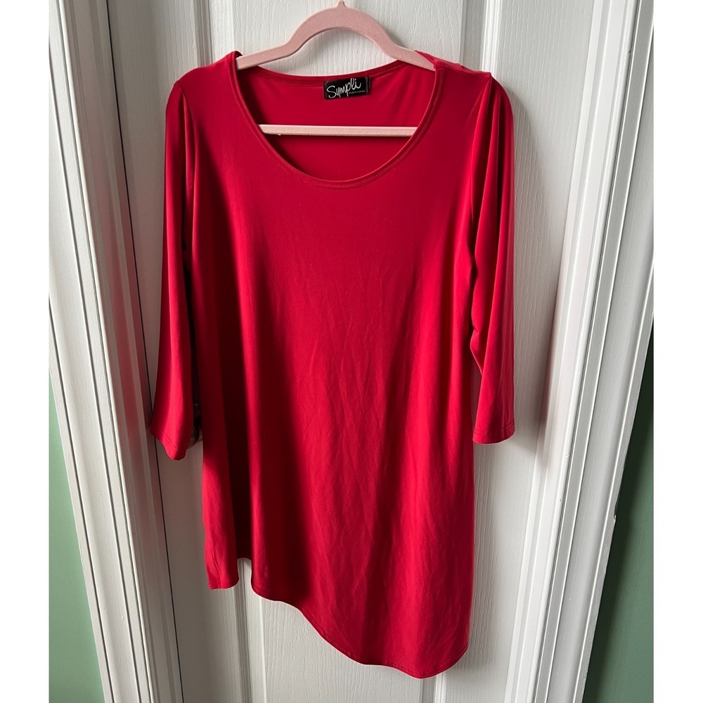 Sympli Womens Top Coral Long Asymmetrical Hem Tunic‎ 3/4 Sleeve Size L ?